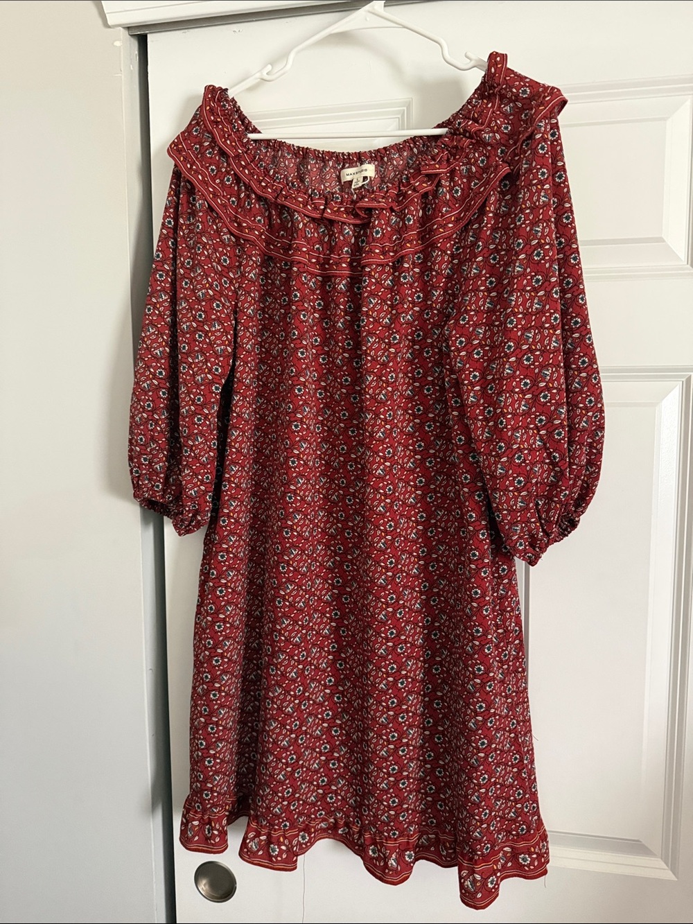 Max Studio Burgundy Floral Long-Sleeve Peasant Dress